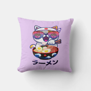 Kawaii Cat Eating Ramen – Schattigee Japanse noede Kussen