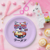 Kawaii Cat Eating Ramen – Schattigee Japanse noede Papieren Bordje (Feest)