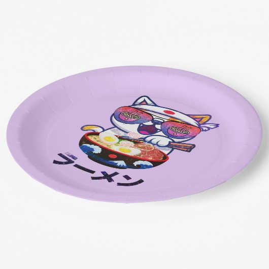 Kawaii Cat Eating Ramen – Schattigee Japanse noede Papieren Bordje (Gekanteld)