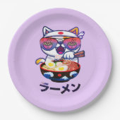 Kawaii Cat Eating Ramen – Schattigee Japanse noede Papieren Bordje (Voorkant)