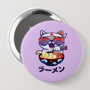 Kawaii Cat Eating Ramen – Schattigee Japanse noede Ronde Button 4,0 Cm