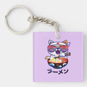 Kawaii Cat Eating Ramen – Schattigee Japanse noede Sleutelhanger