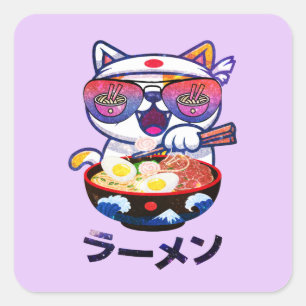Kawaii Cat Eating Ramen – Schattigee Japanse noede Vierkante Sticker