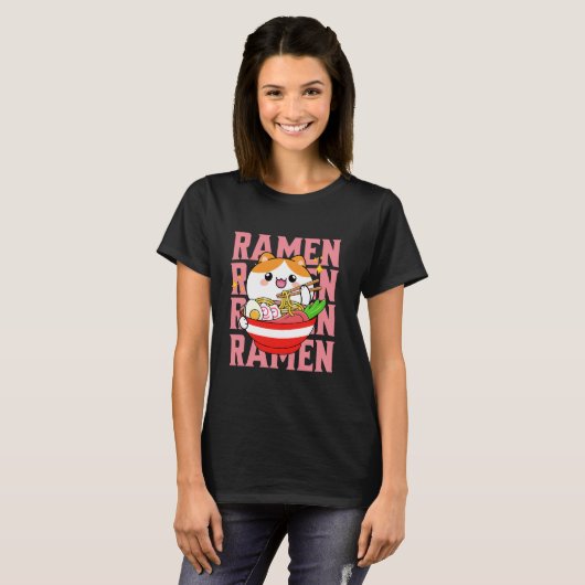 Kawaii Cat eet Ramen T-shirt (Voorkant volledig)