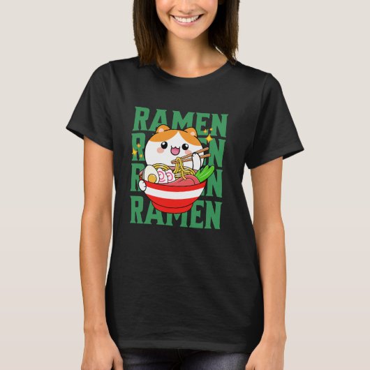 Kawaii Cat eet Ramen T-shirt (Voorkant)