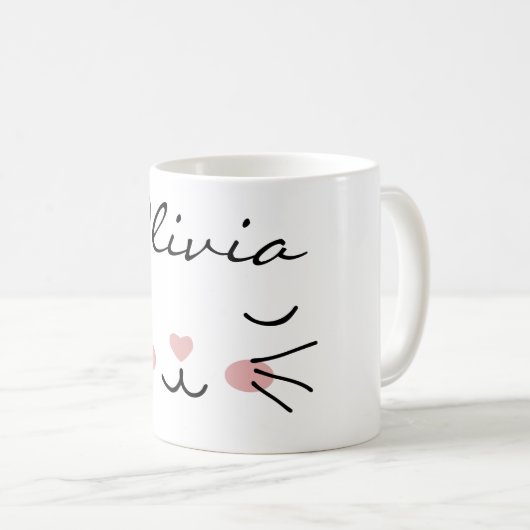 Kawaii Cat Face Sleepy Kat Aangepaste naam Mok (Voorkant rechts)