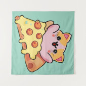 Kawaii Cat Hugging Pepperoni Pizza Cartoon Wandkleed (Voorkant (horizontaal))