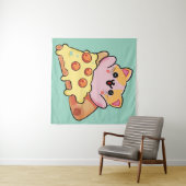 Kawaii Cat Hugging Pepperoni Pizza Cartoon Wandkleed (In Situ (horizontaal))