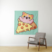 Kawaii Cat Hugging Pepperoni Pizza Cartoon Wandkleed (In situ)