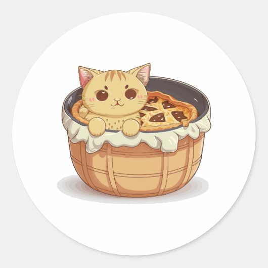 Kawaii Cat in a Pot Pie - Schattige en Whimsical Ronde Sticker (Voorkant)