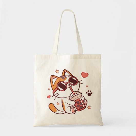 Kawaii Cat met Boba Tea Canvas tas – Hearts & Star (Voorkant)