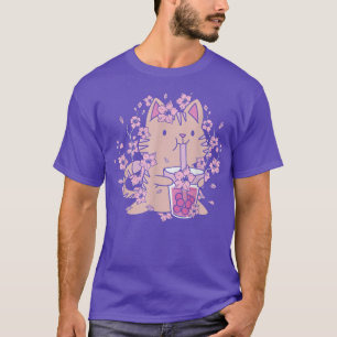 Kawaii Cat met Bubble Tea en Boba tea en Sakura T-shirt