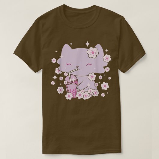 Kawaii Cat met Bubble Tea en Boba tea en Sakura T-shirt (Design voorkant)