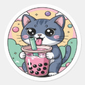 Kawaii Cat met Bubble Tea – Schattigee Boba Lover  Ronde Sticker (Voorkant)