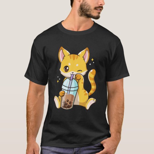 Kawaii Cat Neko Kat Boba Cute Bubble Milk Tea Lo T-shirt (Voorkant)