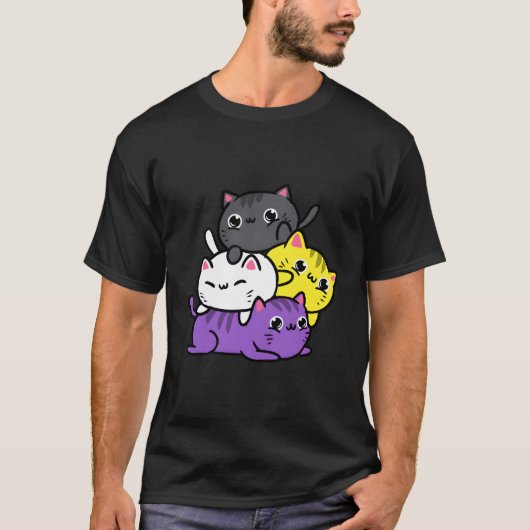 Kawaii Cat Pile Nonbinary Pride T-shirt (Voorkant)