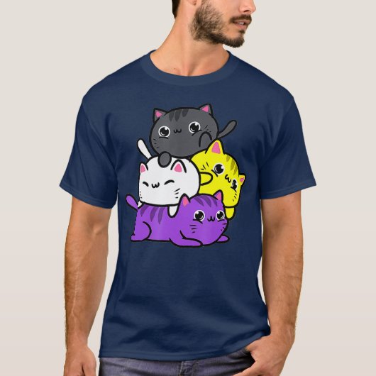 Kawaii Cat Pile Nonbinary Pride T-shirt (Voorkant)