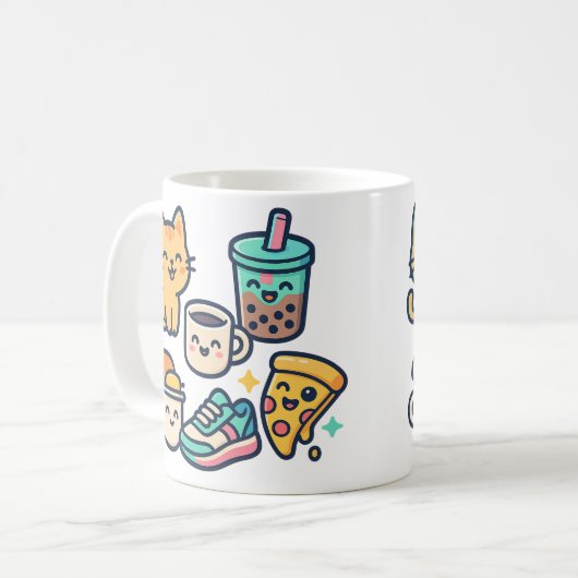 Kawaii Cat Pizza Bubble Tea Coffee – Schattigee Mo Koffiemok (Voorkant links)