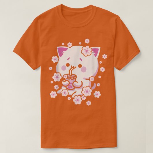 Kawaii Cat with Bubble Tea and Boba tea and Sakura T-shirt (Design voorkant)