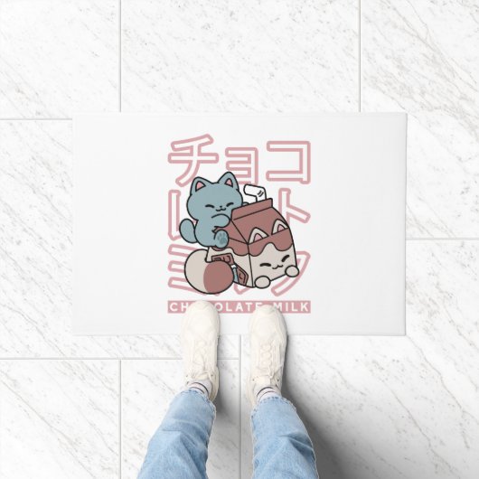 Kawaii Cat with Chocolate Milk – Japanese Pop Art Deurmat (Binnen)