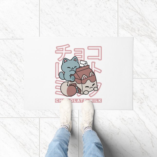 Kawaii Cat with Chocolate Milk – Japanese Pop Art  Deurmat (Binnen)