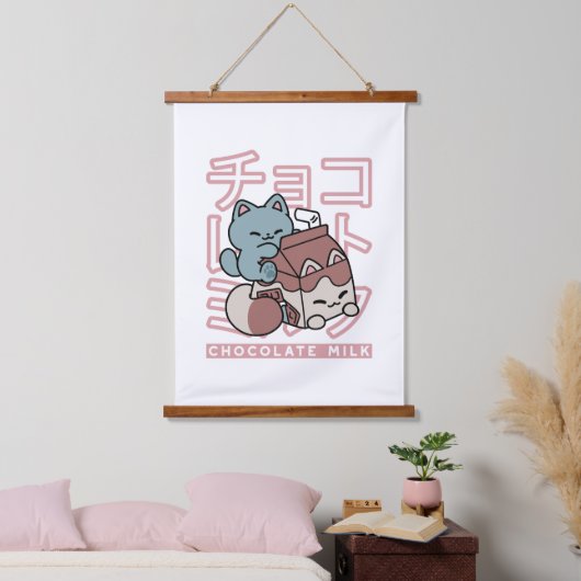 Kawaii Cat with Chocolate Milk – Japanese Pop Art  Hangend Wandkleed (Slaapkamer)