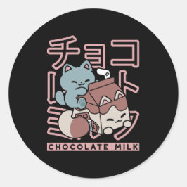 Kawaii Cat with Chocolate Milk – Japanese Pop Art Ronde Sticker