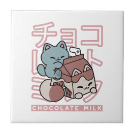 Kawaii Cat with Chocolate Milk – Japanese Pop Art Tegeltje