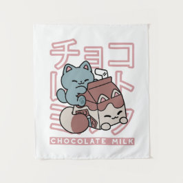 Kawaii Cat with Chocolate Milk – Japanese Pop Art Wandkleed