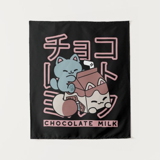 Kawaii Cat with Chocolate Milk – Japanese Pop Art Wandkleed (Voorkant)