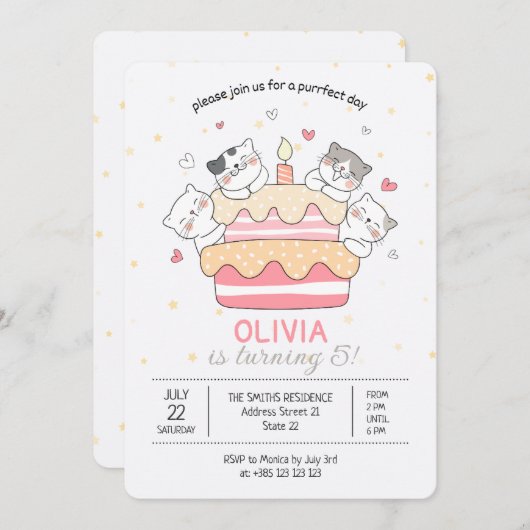 Kawaii Cats en Cake verjaardagsfeestje uitnodiging (Voorkant / Achterkant)