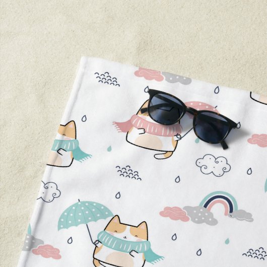 Kawaii Cats Rainy Day Pattern Strandlaken (In situ)