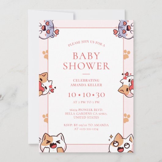 Kawaii Cats Roze Baby shower Uitnodiging (Voorkant)