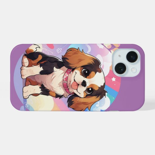 Kawaii Cavalier King Charles Pastel Rainbow iPhone 15 Case (Achterkant horizontaal)