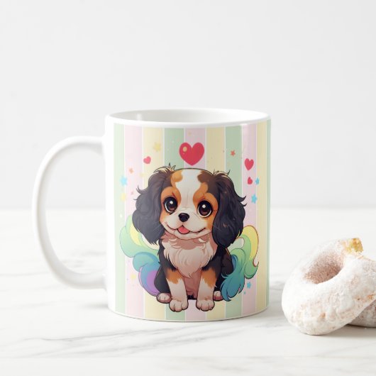 Kawaii Cavalier King Charles Pastel Rainbow Tail Koffiemok (Met donut)