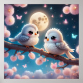 Kawaii Charmante Vogels onder Maanlicht Poster (Voorkant)