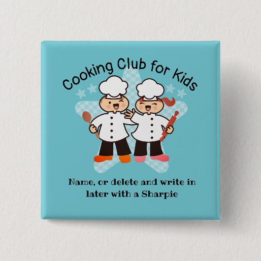 Kawaii chef kinder kookklasse, naammerken vierkante button 5,1 cm (Voorkant)