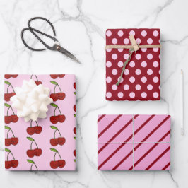 Kawaii Cherries, Polka Dots and Stripes Set van 3 Inpakpapier Vel