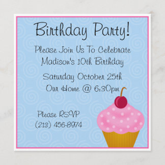 Kawaii Cherry Cupcake Birthday Party Kaart