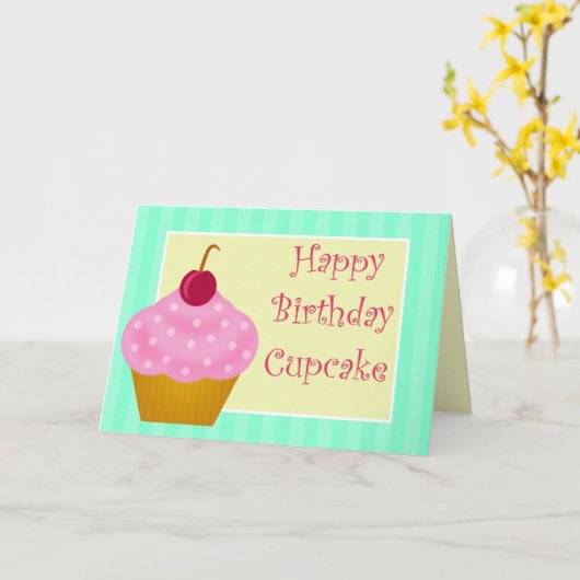 Kawaii Cherry Happy Birthday Cupcake Kaart (Gele Bloem)