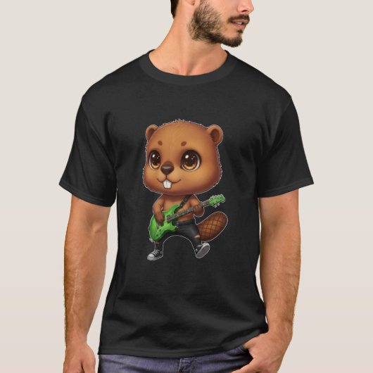 Kawaii Chibi Grappige Bever Gitarist Rocker T-shirt (Voorkant)