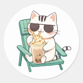 Kawaii Chibi Kat in Zonnebril die Frappè Drinkt Ronde Sticker