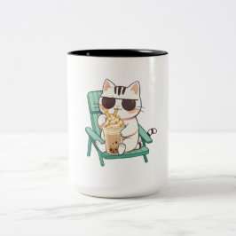 Kawaii Chibi Kat in Zonnebril die Frappè Drinkt Tweekleurige Koffiemok