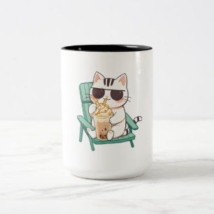 Kawaii Chibi Kat in Zonnebril die Frappè Drinkt Tweekleurige Koffiemok