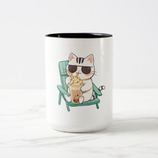 Kawaii Chibi Kat in Zonnebril die Frappè Drinkt Tweekleurige Koffiemok