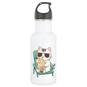 Kawaii Chibi Kat in Zonnebril die Frappè Drinkt Waterfles
