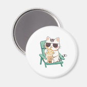 Kawaii Chibi Kat in Zonnebril Drinkend Frappè Magneet (Voorkant / Achterkant)