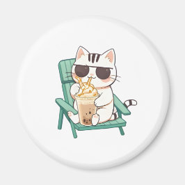 Kawaii Chibi Kat in Zonnebril Drinkend Frappè Magneet