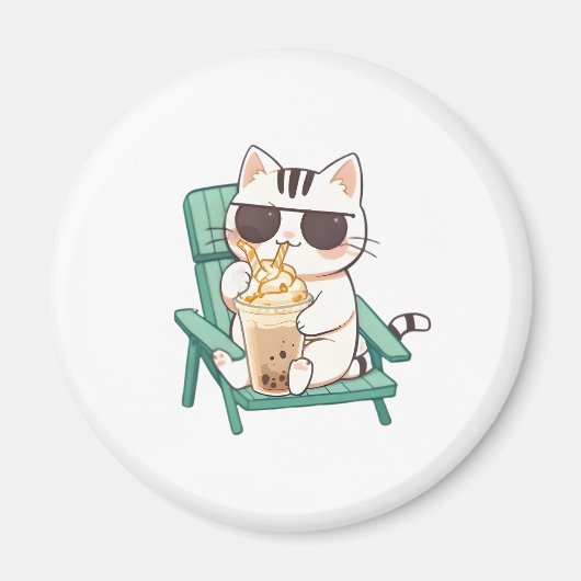 Kawaii Chibi Kat in Zonnebril Drinkend Frappè Magneet (Voorkant)