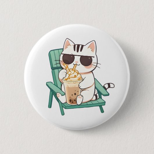 Kawaii Chibi Kat in Zonnebril Drinkend Frappè Ronde Button 5,7 Cm (Voorkant)